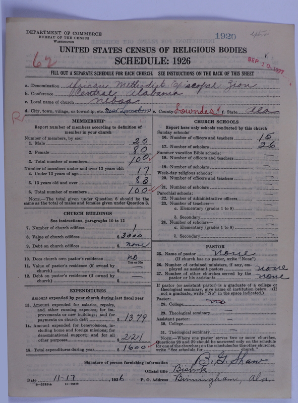 Scan of African Methodist Episcopal Zion Church: 1920